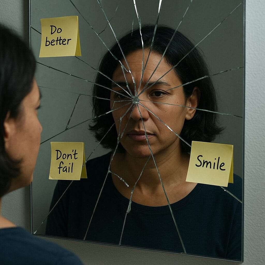 Woman staring into a shattered mirror with sticky notes reading “Do better,” “Don’t fail,” and “Smile,” symbolizing self-sabotage and breaking harmful patterns.