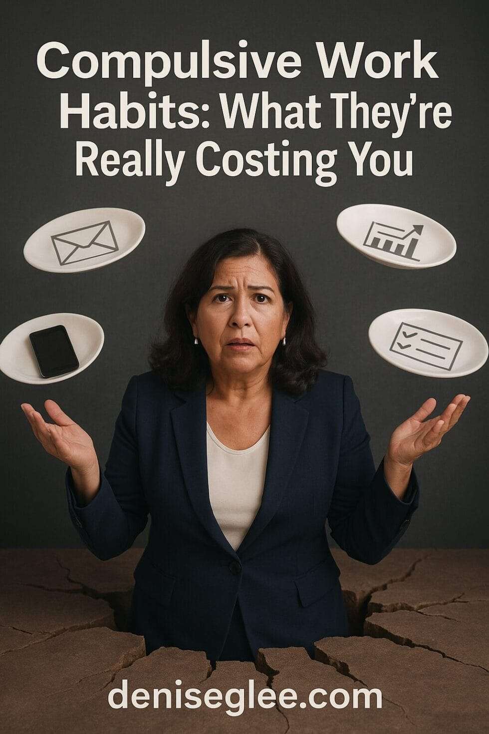 Hispanic woman in her 40s juggling plates labeled with work tasks while standing on cracked ground, representing burnout and compulsive work habits