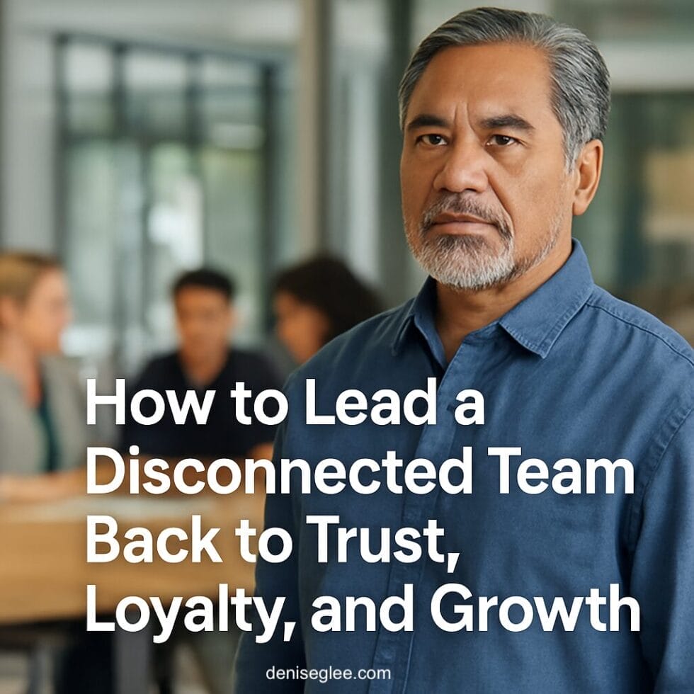 Pacific Islander man in his 50s standing apart from his team in a modern office, looking serious and reflective