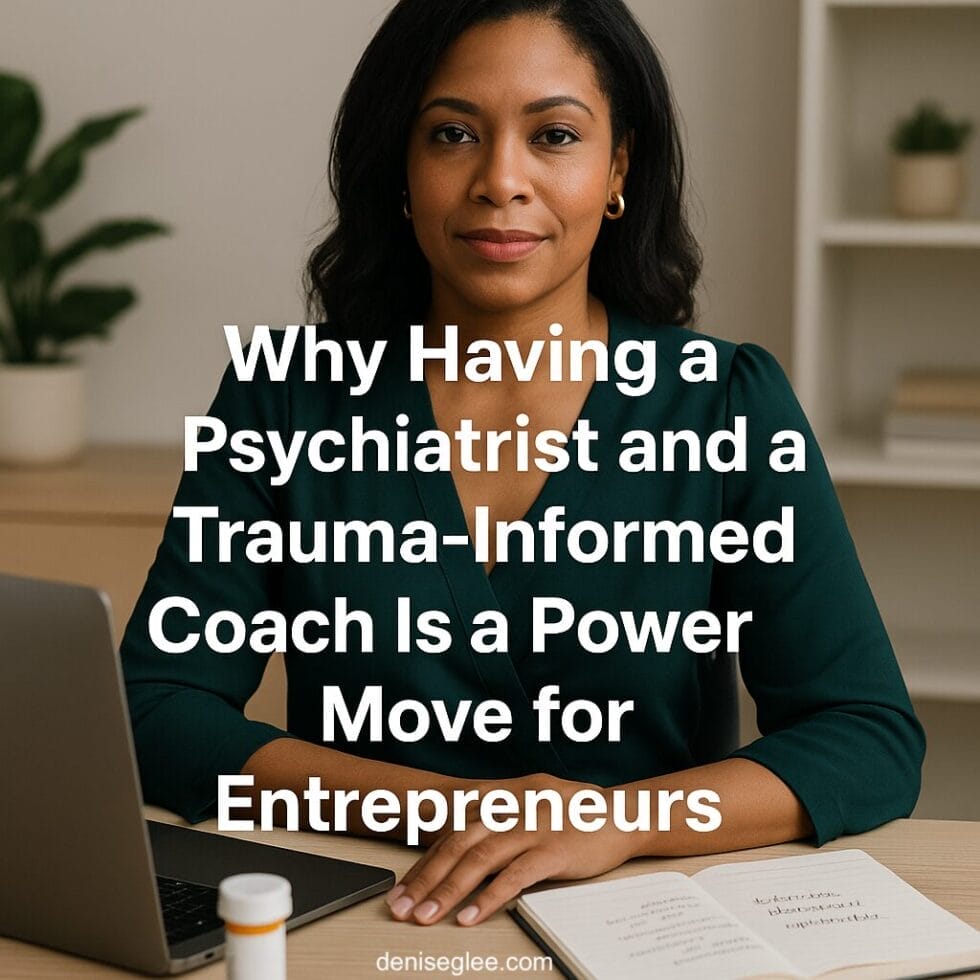 Confident Black woman entrepreneur at desk with laptop, medication bottle, and journal