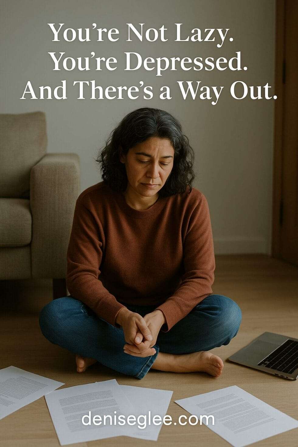 A middle-aged woman sits cross-legged on the floor, surrounded by scattered papers and a laptop, quietly lost in thought.
