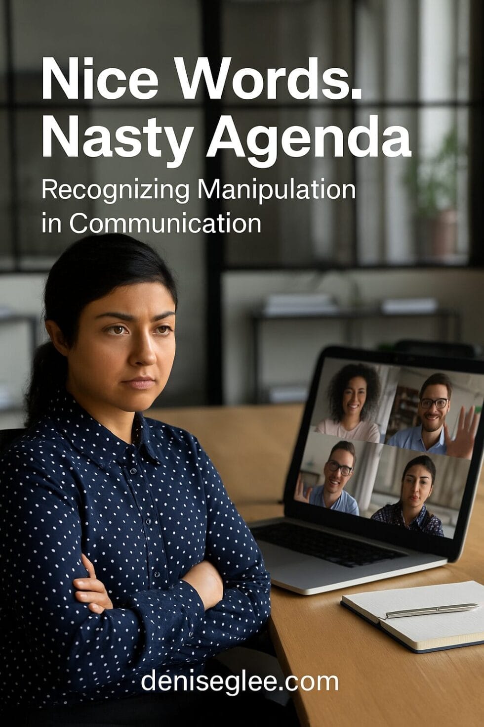 South Asian woman with arms crossed during a Zoom meeting, camera off while others smile onscreen.