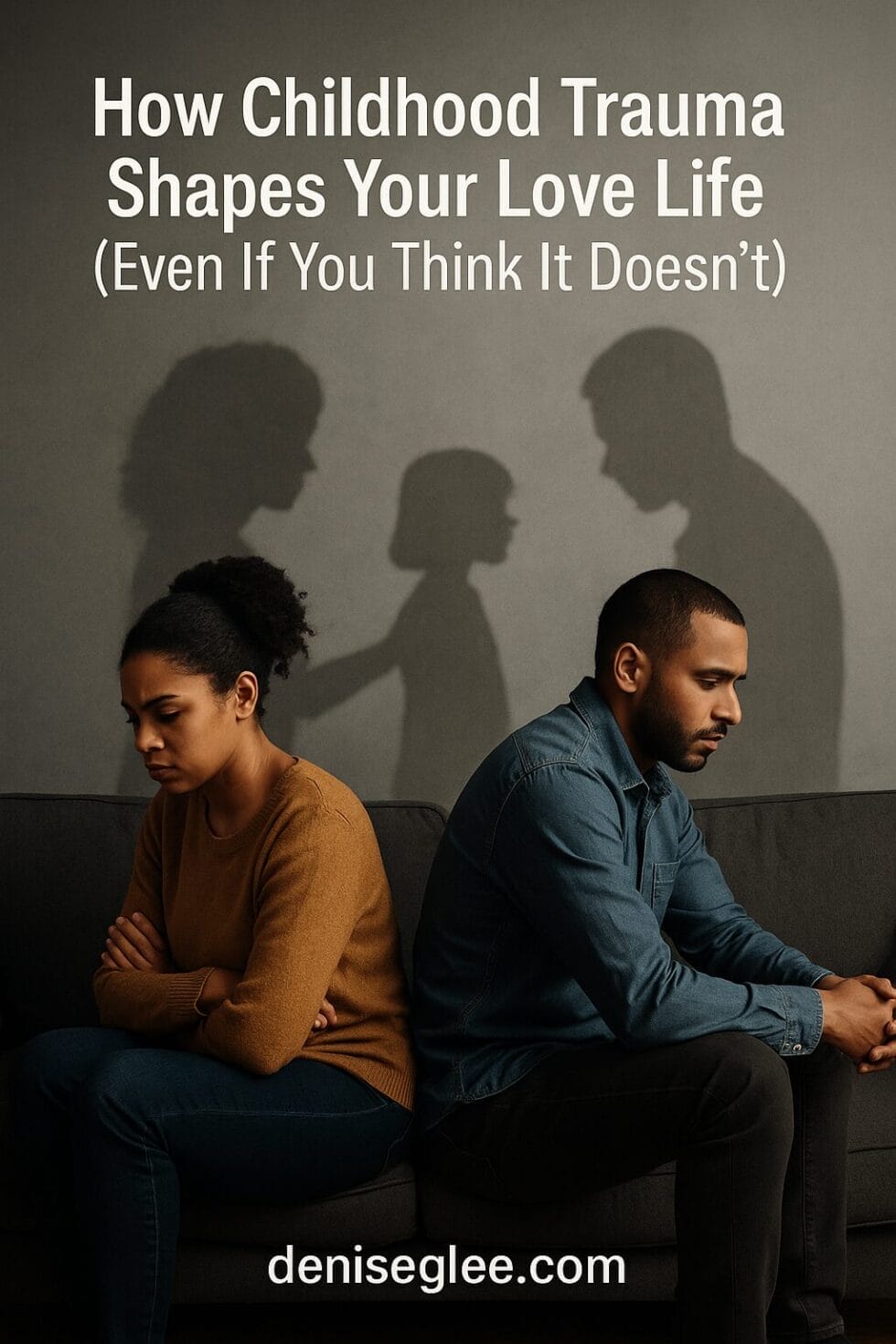 Two emotionally distant adults sit back-to-back, their shadows revealing a parent-child dynamic, symbolizing how childhood trauma repeats in adult relationships.