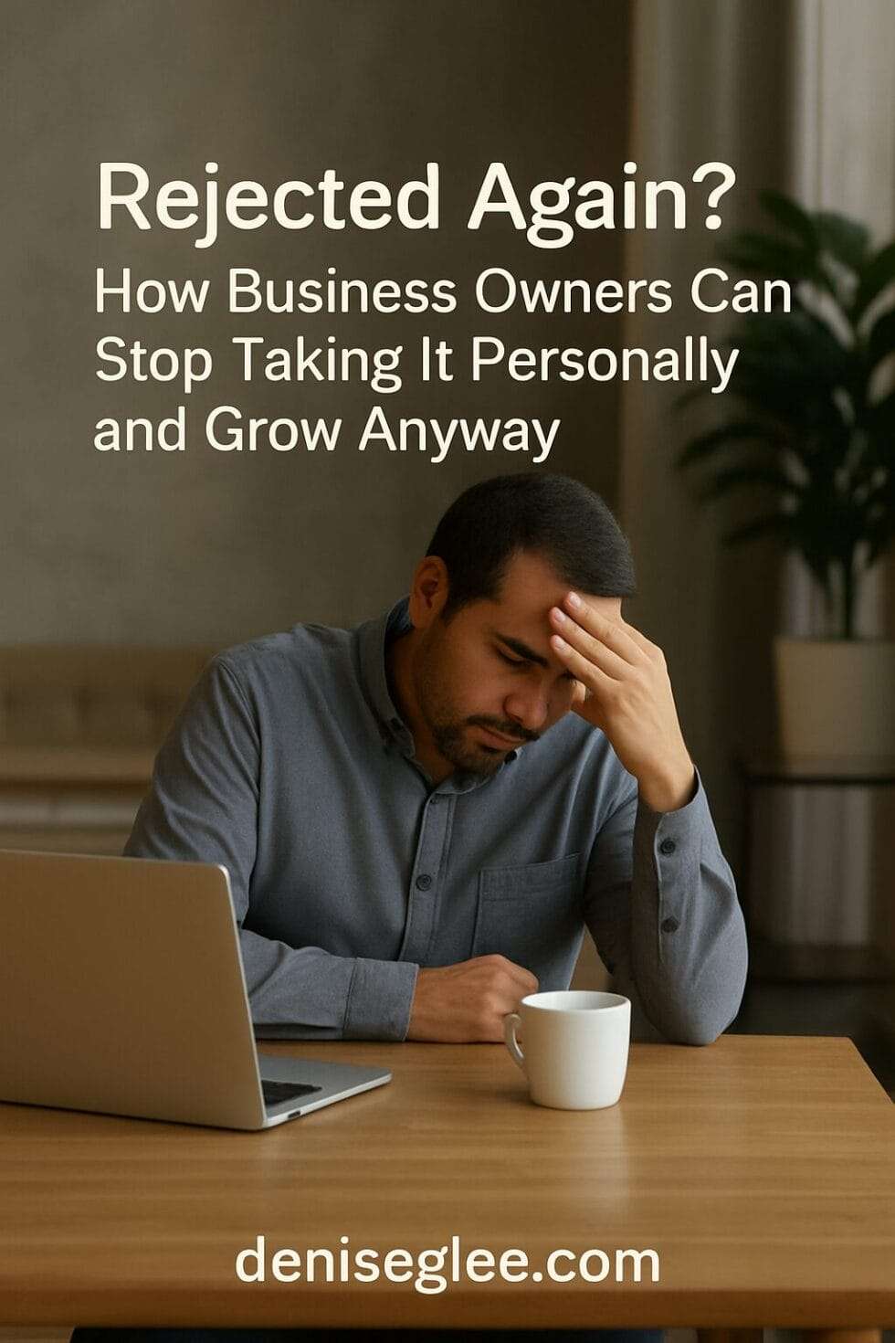 Latino business owner reflecting after a setback, seated at a café table, processing rejection with quiet resilience