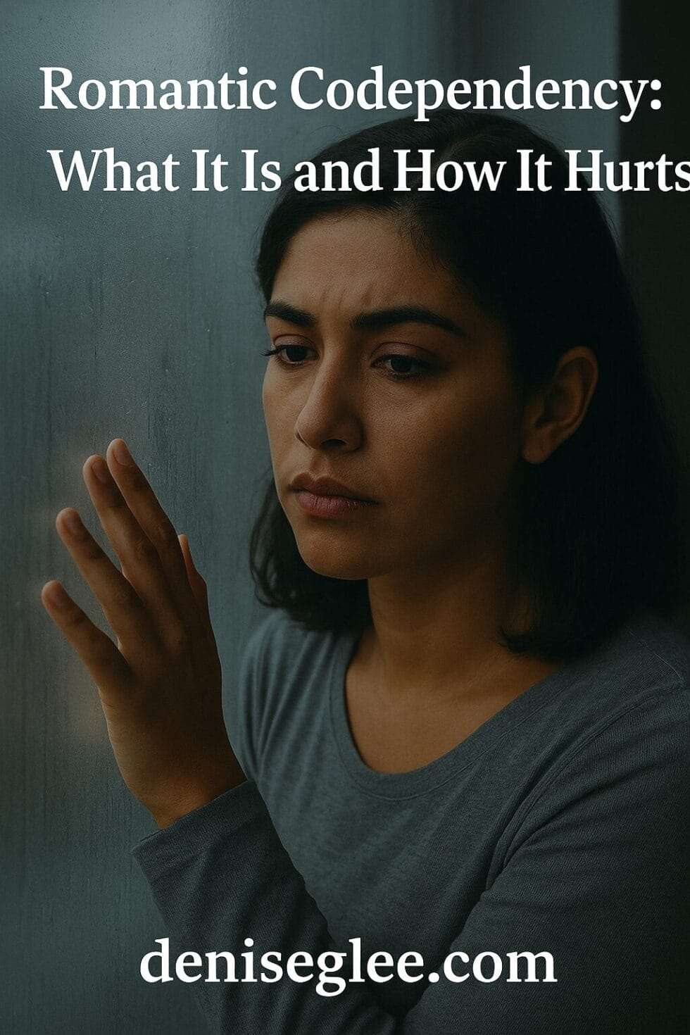 A young Hispanic woman presses her hand to a rain-speckled window, appearing pensive and emotionally conflicted. The title "Romantic Codependency: What It Is and How It Hurts" is at the top, and deniseglee.com is at the bottom of the image.