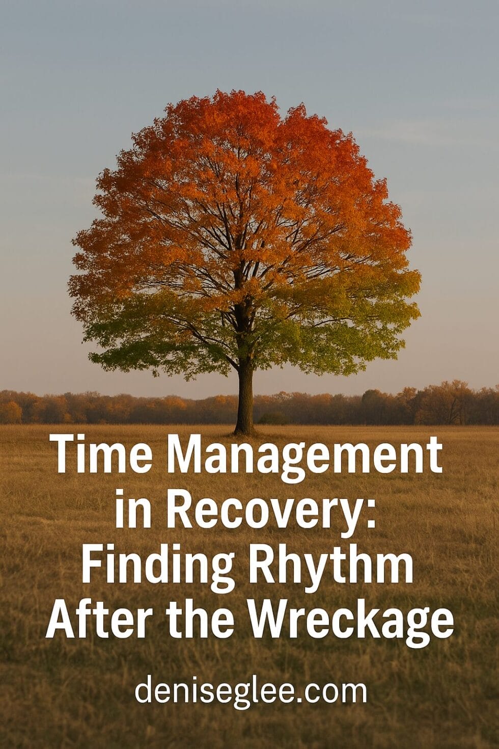 A single autumn tree with changing leaves standing in a quiet field, symbolizing growth and rhythm in recovery, overlaid with the title “Time Management in Recovery: Finding Rhythm After the Wreckage” and deniseglee.com.