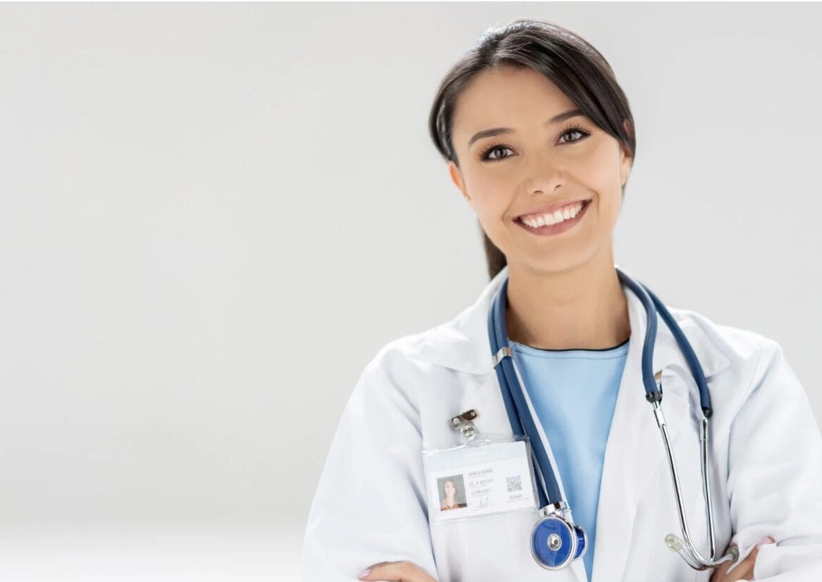 female doctor staring with white background