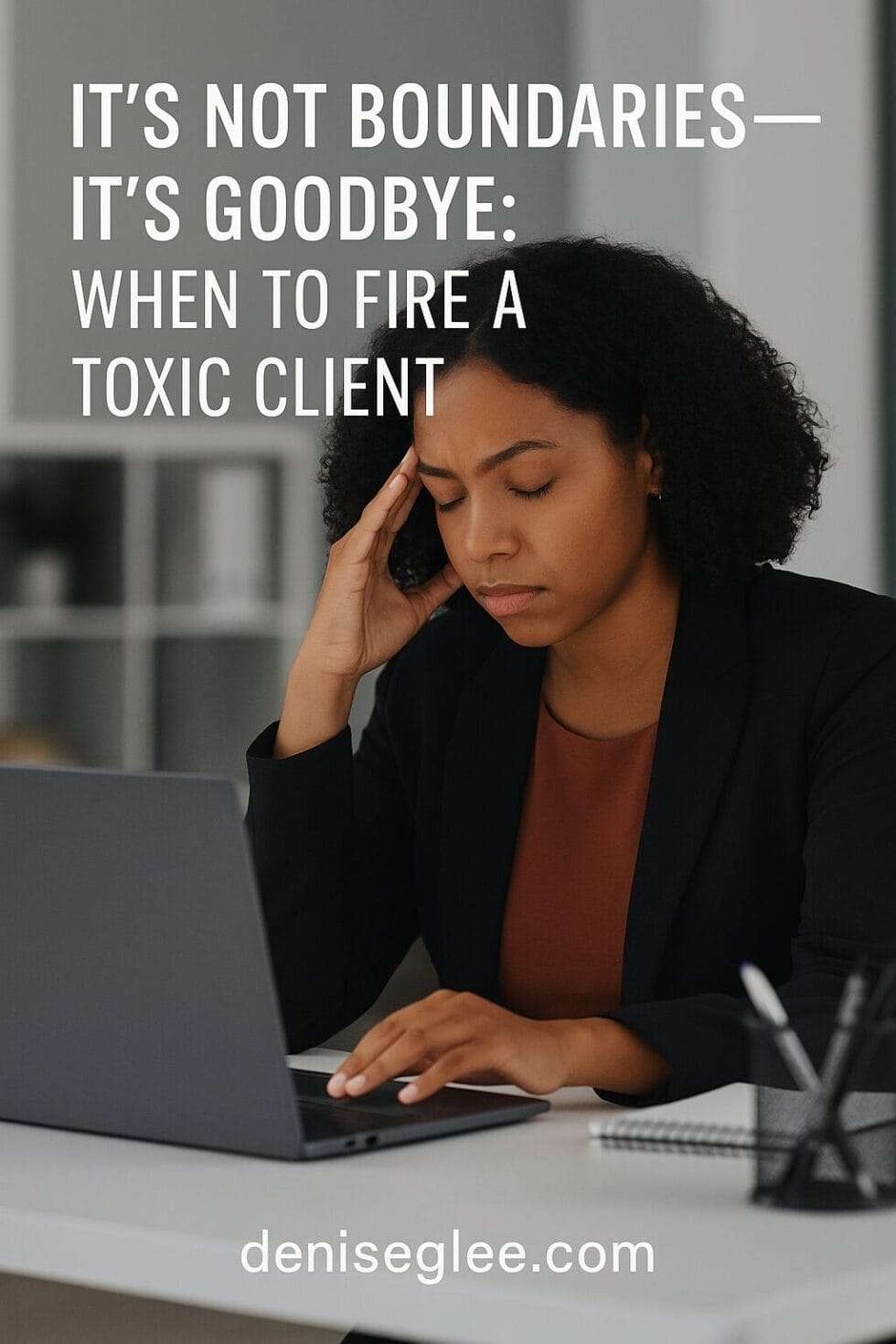Frustrated Black woman at her desk, eyes closed in exhaustion, hand near laptop as if ready to shut it
