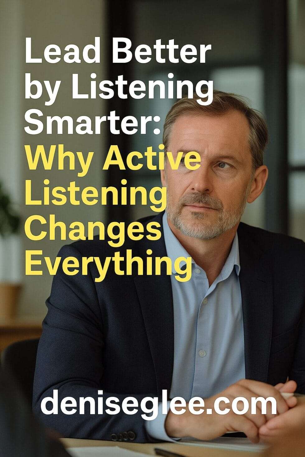 Middle-aged white male business leader listening intently in a professional setting, conveying emotional presence and engagement