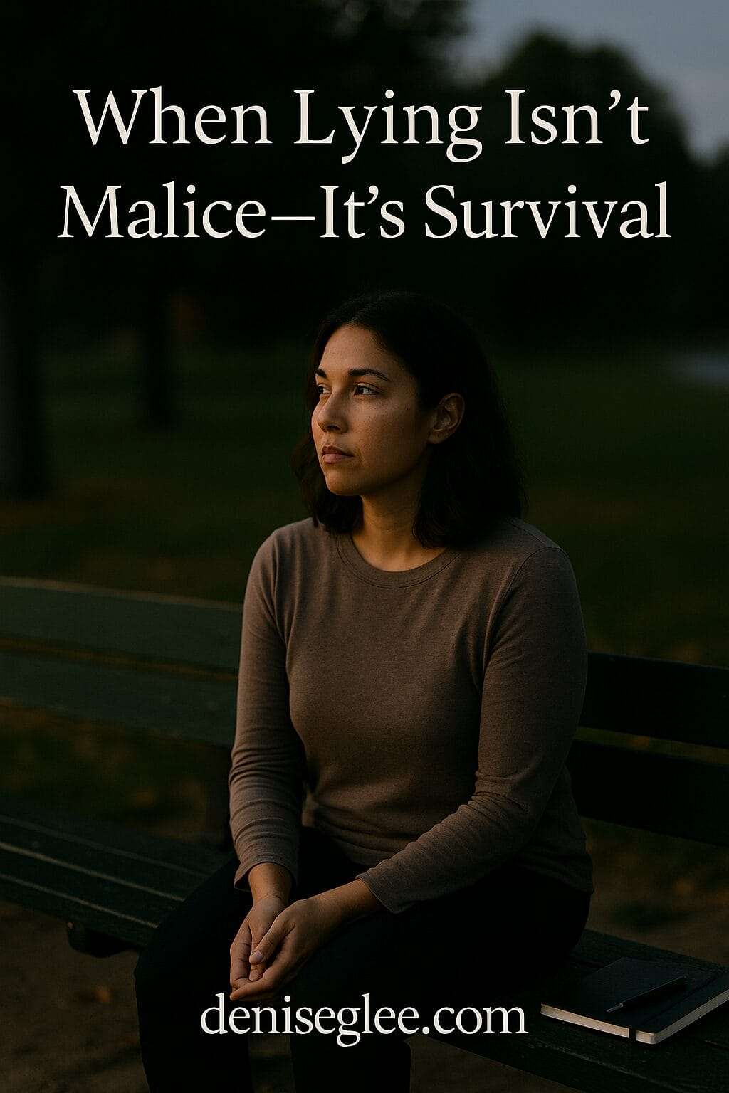 A racially ambiguous woman in her 40s sits on a park bench at dusk, gazing off into the distance with a reflective expression. A journal and pen rest beside her.