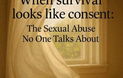A soft breeze gently pushes a sheer curtain aside in a quiet room filled with warm morning light. The image features the title "When survival looks like consent: The Sexual Abuse No One Talks About" and the URL "deniseglee.com" at the bottom.