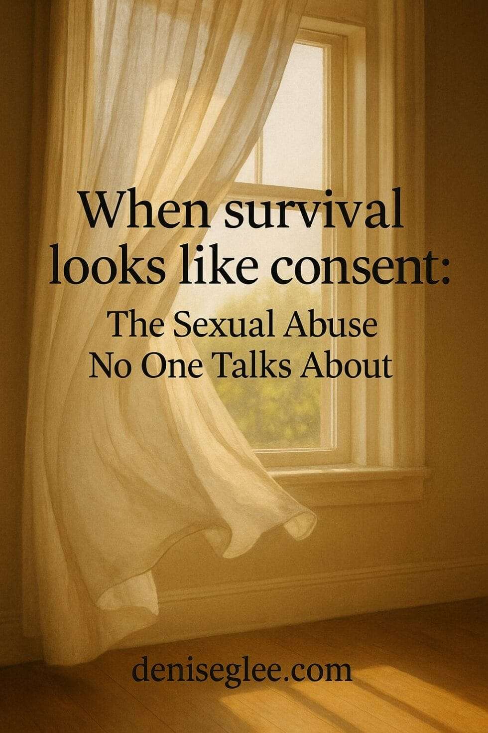A soft breeze gently pushes a sheer curtain aside in a quiet room filled with warm morning light. The image features the title "When survival looks like consent: The Sexual Abuse No One Talks About" and the URL "deniseglee.com" at the bottom.