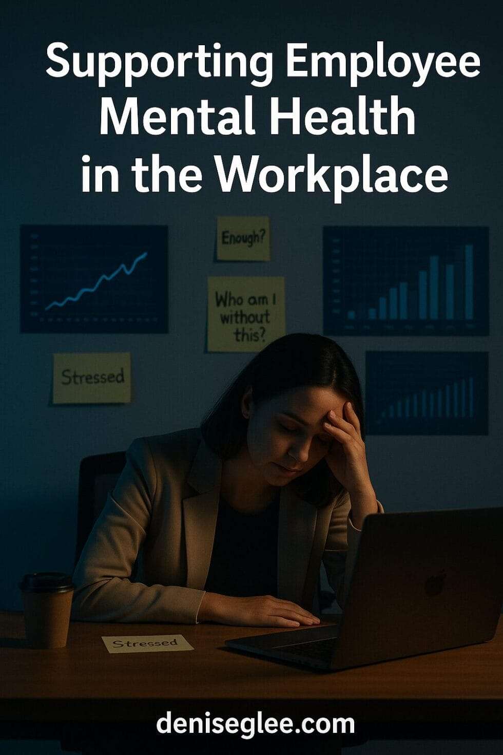 Woman at desk surrounded by performance data, looking emotionally drained - title Supporting Employee Mental Health in the Workplace