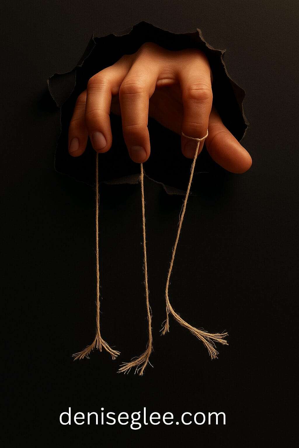 Realistic human hand breaking through black paper, holding frayed puppet strings, symbolizing the release from emotional control and manipulation