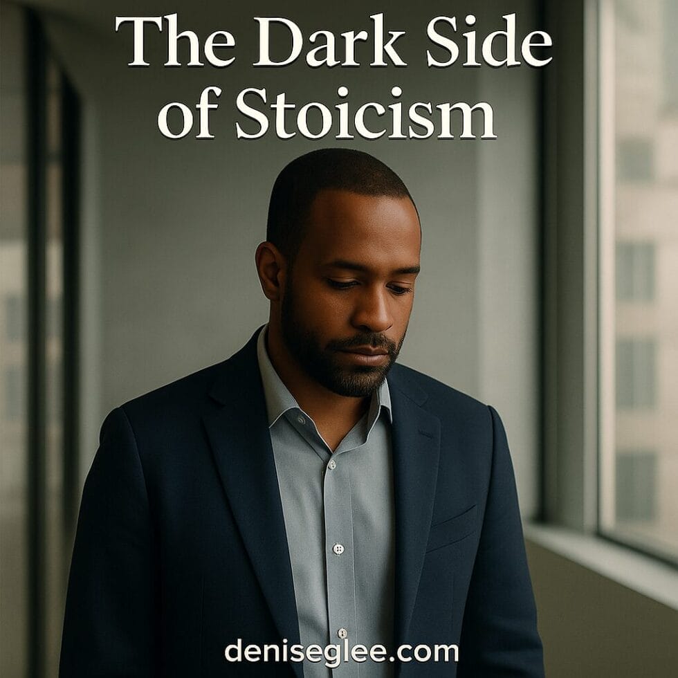 Black man in business-casual attire stands alone in a modern office space. He’s not posturing. He’s grounded. No phone, no distractions. His eyes are looking slightly down—not defeated, but reflective. A soft window light washes over him. He’s not trying to “look powerful”—he just is.