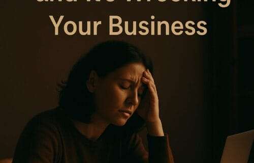 Exhausted woman sitting at a desk with her head in her hand, lit by a laptop screen, symbolizing the emotional toll of hidden abuse in business and life