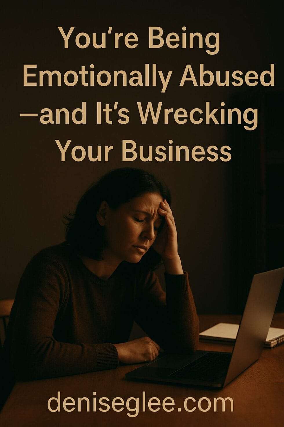 Exhausted woman sitting at a desk with her head in her hand, lit by a laptop screen, symbolizing the emotional toll of hidden abuse in business and life