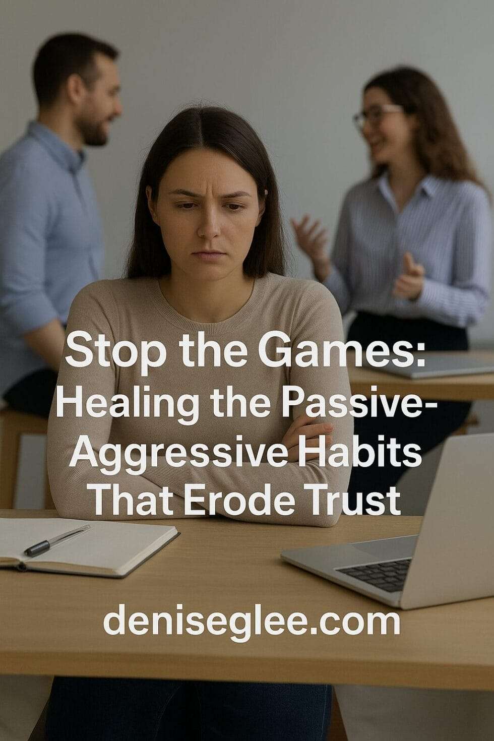 A serious-looking woman sits at a table with crossed arms while two coworkers talk in the background. Text reads: Stop the Games: Healing the Passive-Aggressive Habits That Erode Trust. Website: deniseglee.com.