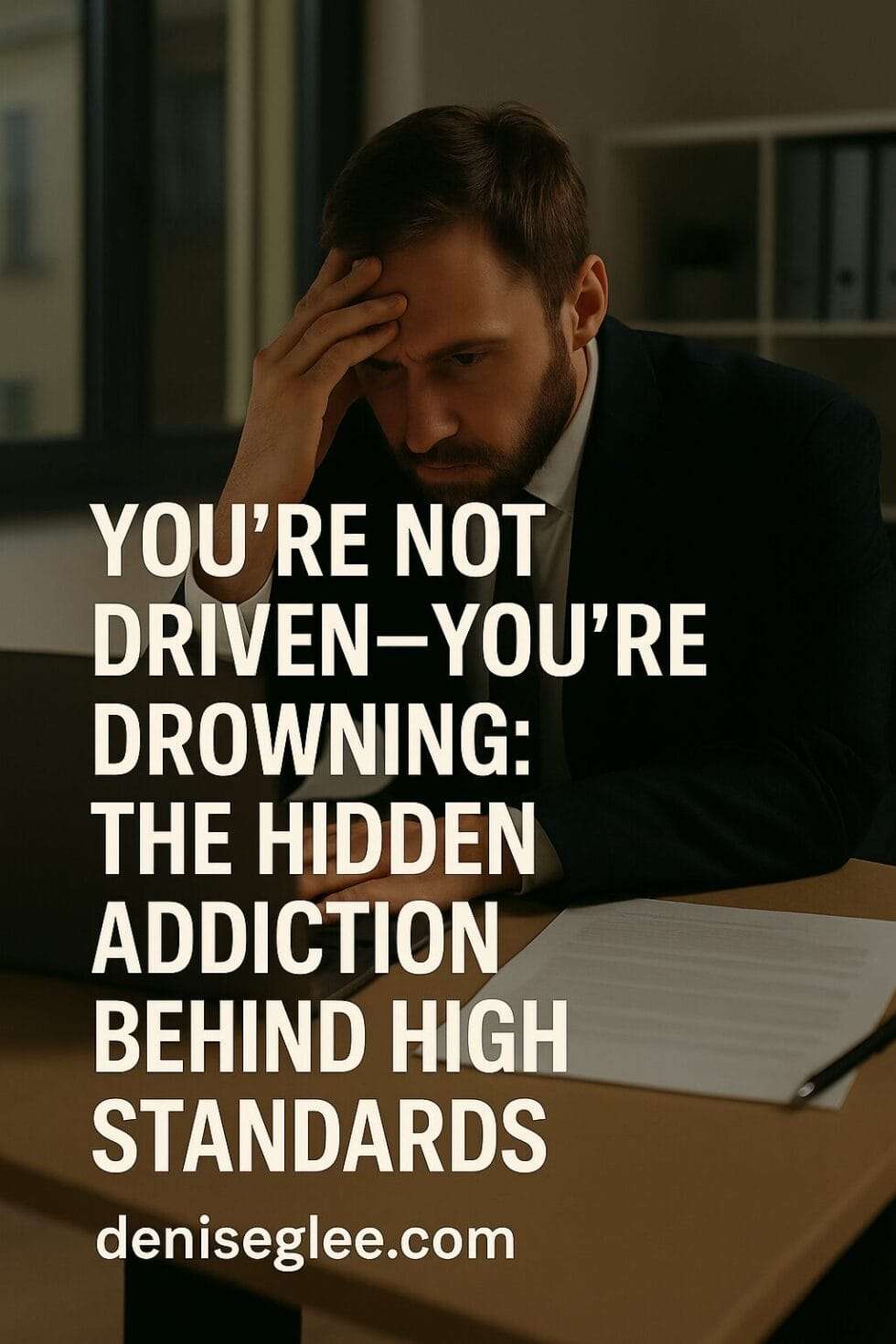 Stressed businessman at desk representing the emotional toll of perfectionism and hidden addiction