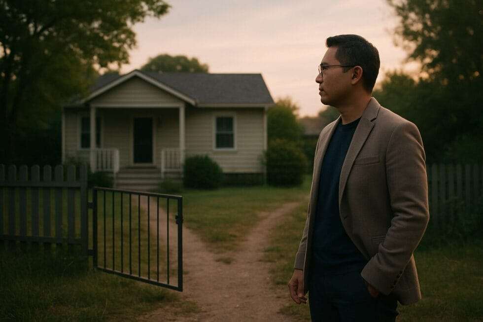 Middle-aged Asian man in smart casual clothes standing at a distance from a modest house, open gate and overgrown path, symbolizing cautious reconnection.