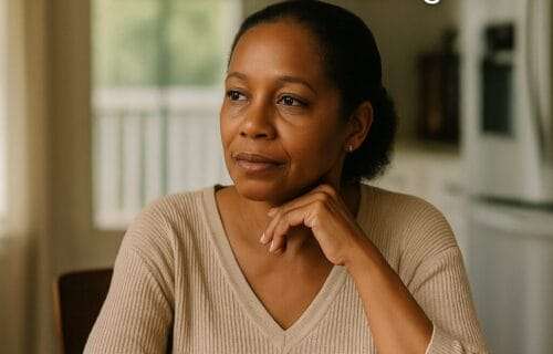 A contemplative Black woman sits at a kitchen table with a mug and closed book, reflecting quietly. Text overlay reads: “Reconnecting with Estranged Family Members: A Guide to Healing.” Website address deniseglee.com is shown at the bottom.