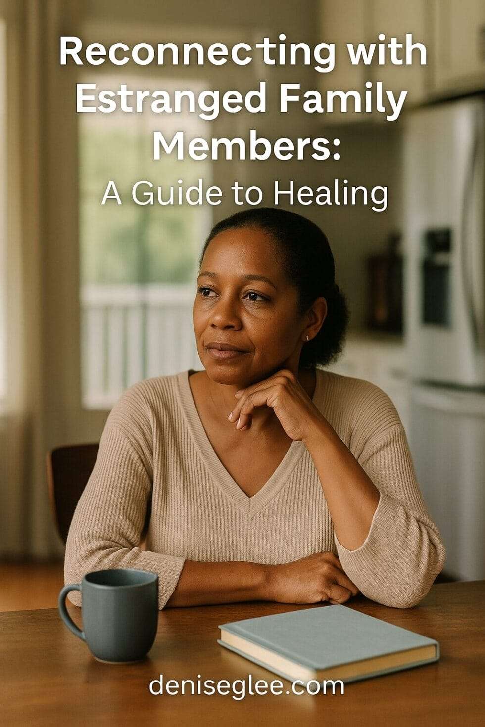 A contemplative Black woman sits at a kitchen table with a mug and closed book, reflecting quietly. Text overlay reads: “Reconnecting with Estranged Family Members: A Guide to Healing.” Website address deniseglee.com is shown at the bottom.