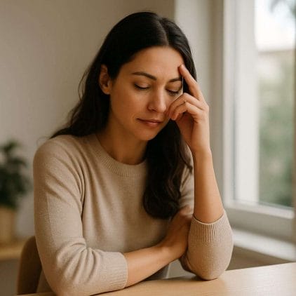 A young woman in a beige sweater sits at a wooden table with her eyes closed and hand resting on her forehead, appearing calm and introspective near a window with soft natural light