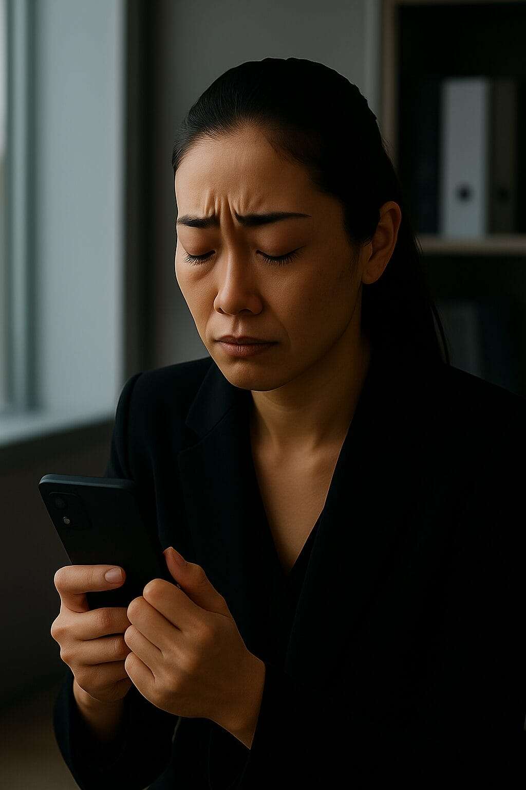 A sad woman in a black blazer stares at her phone in an office, emotionally affected by a message