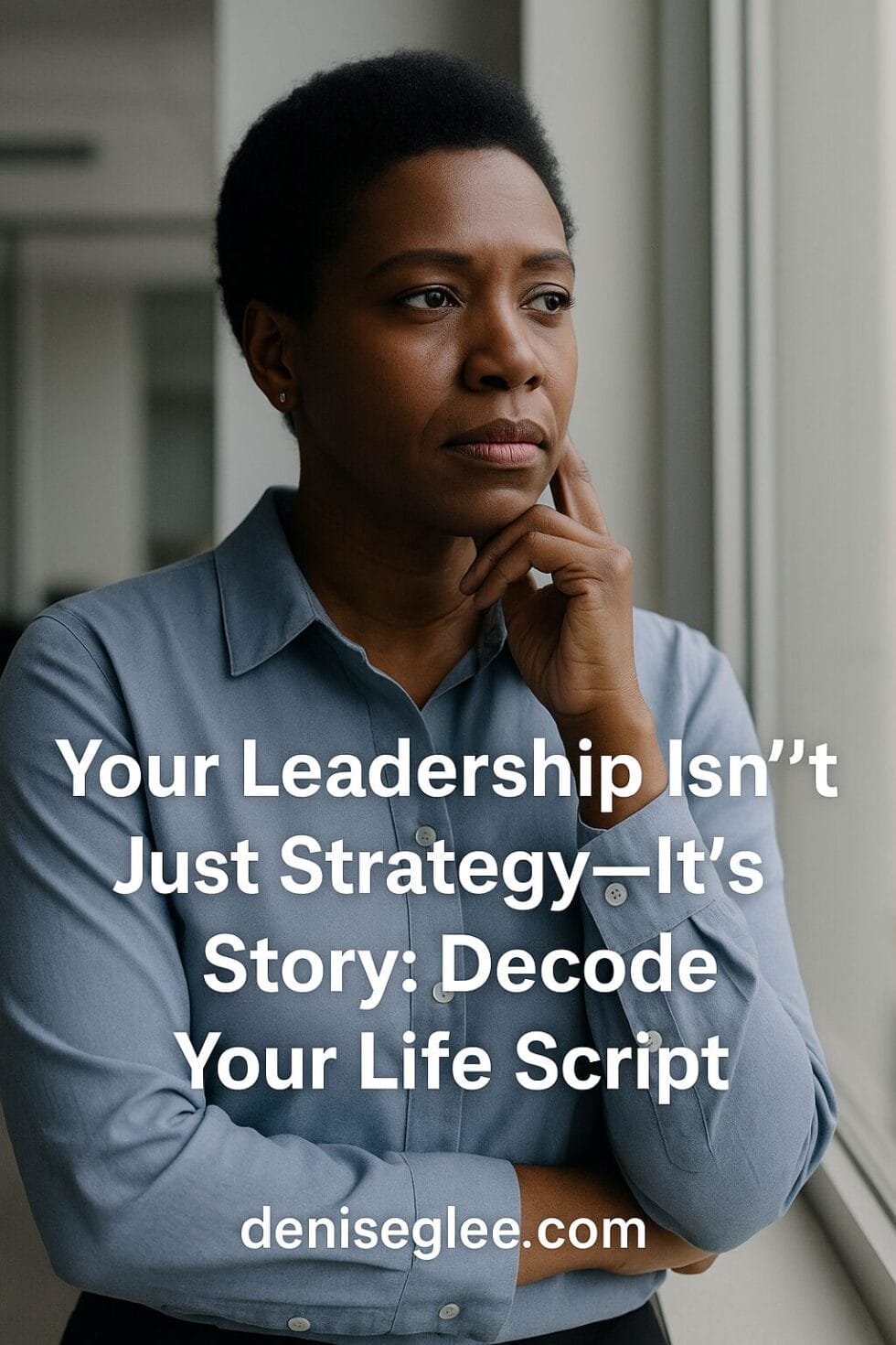 Black woman standing at office window. Thoughtful, not posed. One hand slightly resting on the glass or chin—deep in reflection. Not smiling. Not defeated. Just real.