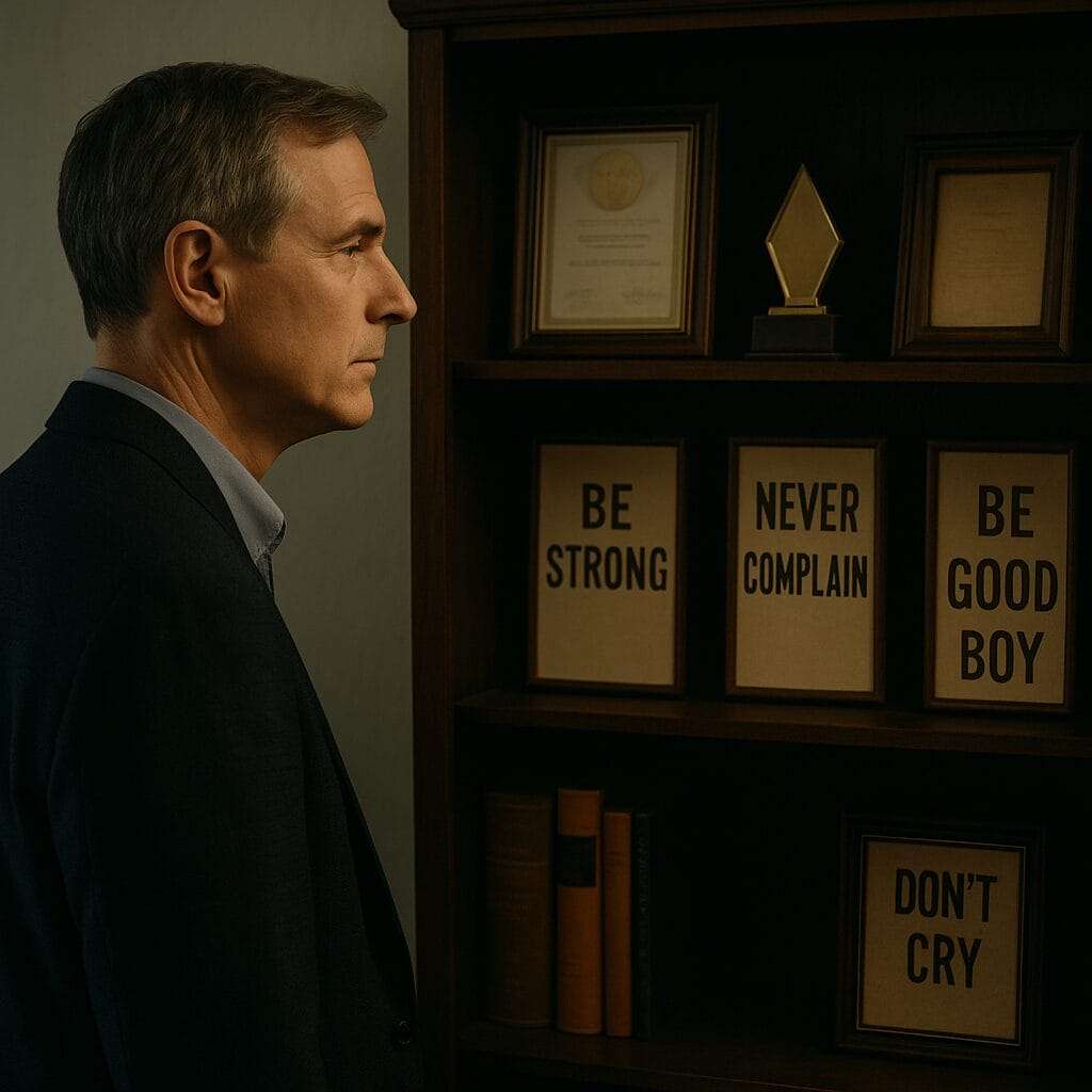 Middle-aged man looking at awards and plaques with messages like Be Strong and Never Complain, symbolizing a scripted life.
