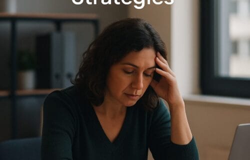 A woman sits at a desk in a modern office, supporting her head with one hand while reviewing papers, with a laptop, mug, and natural light in the background; text on image reads "PTSD Recovery for Entrepreneurs: 7 Grounding Strategies" with deniseglee.com at the bottom