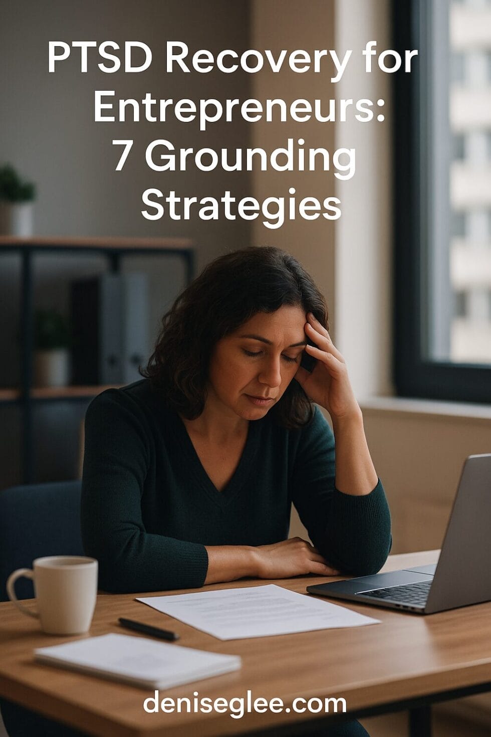 A woman sits at a desk in a modern office, supporting her head with one hand while reviewing papers, with a laptop, mug, and natural light in the background; text on image reads "PTSD Recovery for Entrepreneurs: 7 Grounding Strategies" with deniseglee.com at the bottom