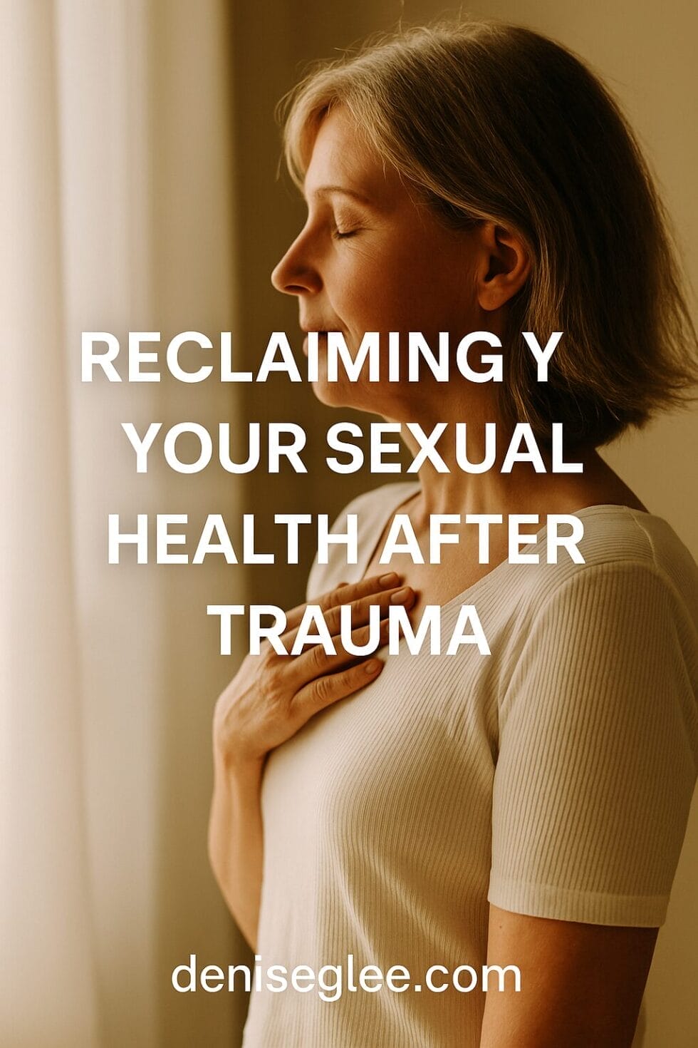 A middle-aged woman stands peacefully in soft light with one hand over her chest, eyes closed—symbolizing emotional safety and reclaiming her body after trauma