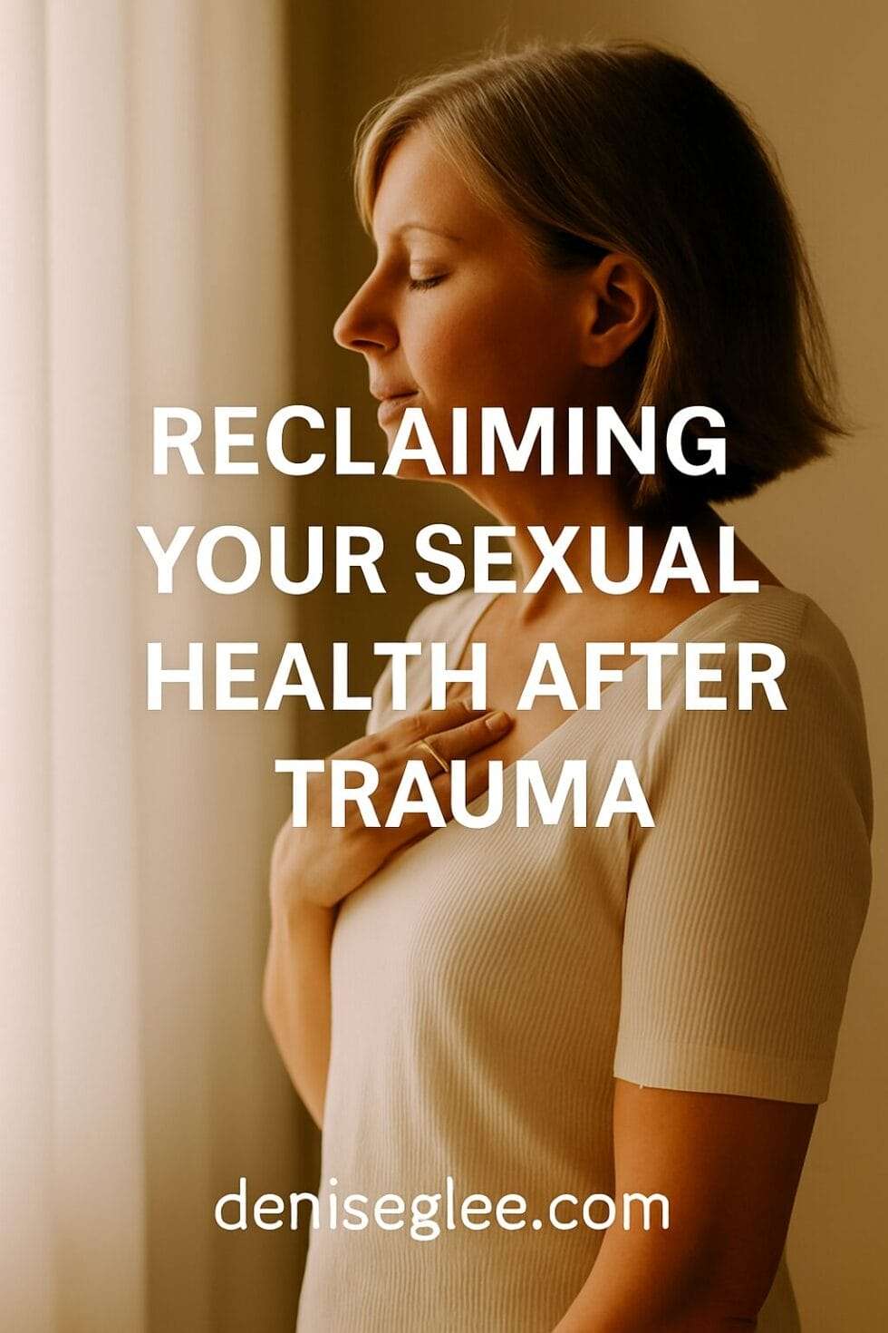 A middle-aged woman stands peacefully in soft light with one hand over her chest, eyes closed—symbolizing emotional safety and reclaiming her body after trauma