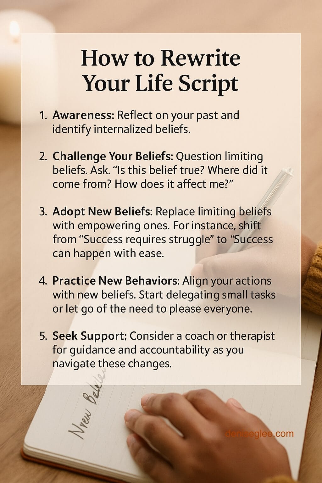 Warm-toned photo of a person journaling with the title “How to Rewrite Your Life Script” and five clear steps overlaid on the image.