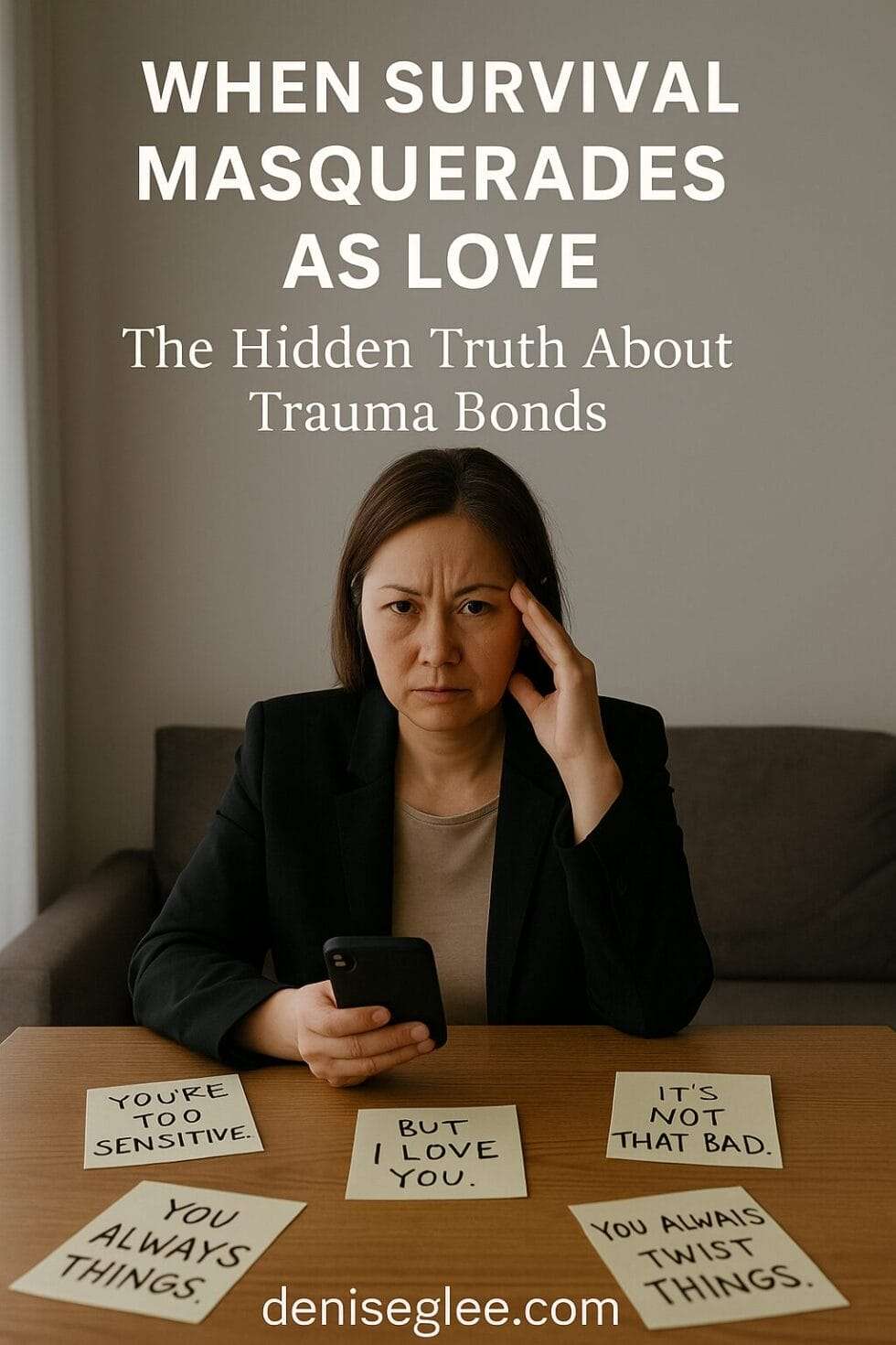 An Asian woman sits at a table surrounded by sticky notes with phrases like “You’re too sensitive” and “You always twist things,” with the headline “When Survival Masquerades as Love – The Hidden Truth About Trauma Bonds”