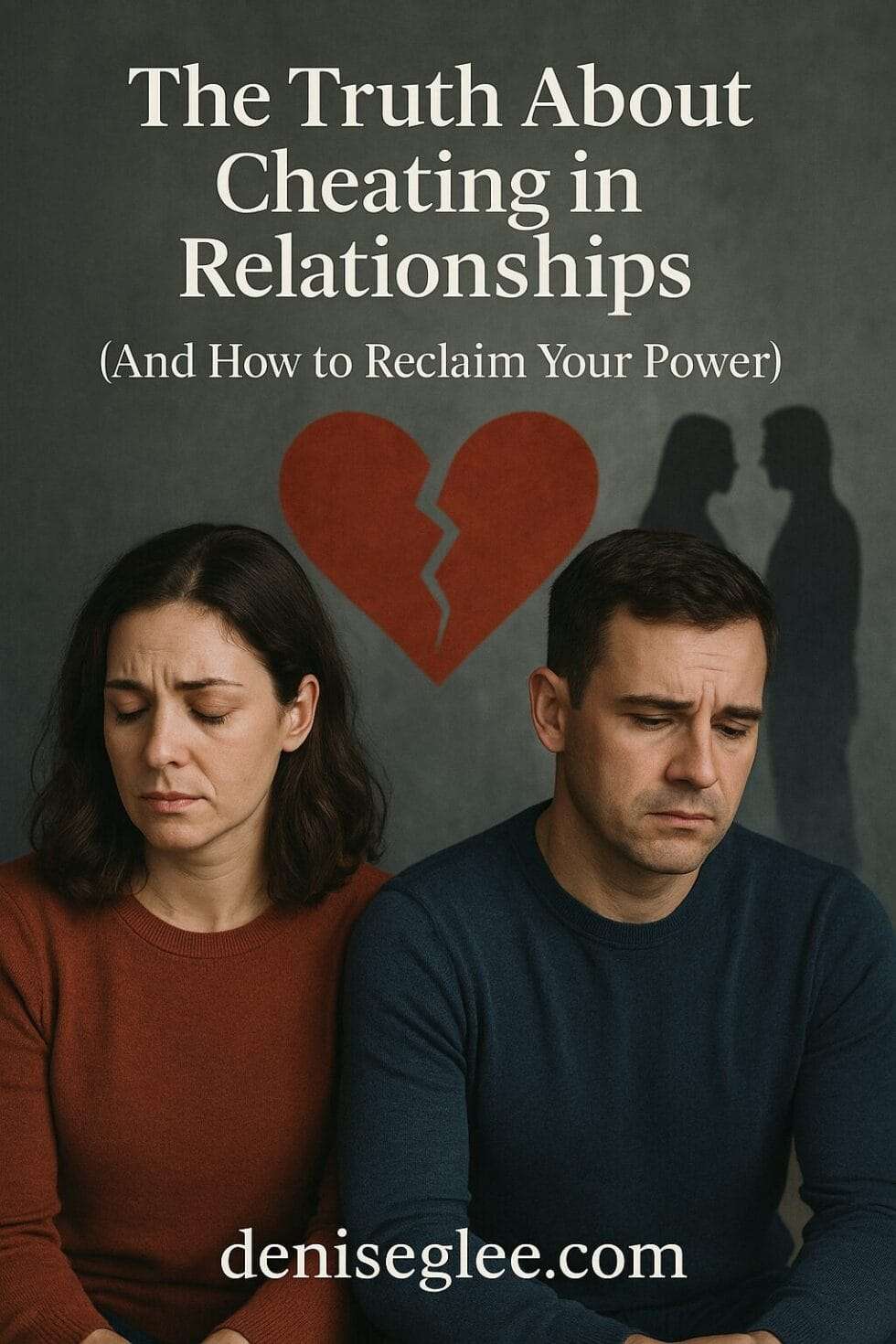Realistic image of a distressed couple with a broken heart icon between them and deniseglee.com at the bottom, representing the emotional impact of infidelity. Title: The Truth About Cheating in Relationships (And How to Reclaim Your Power)