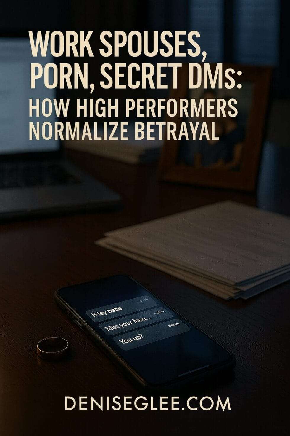 Luxury office desk at night with glowing phone showing secret messages, family photo, and wedding ring beside it — symbolizing normalized betrayal by high performers.