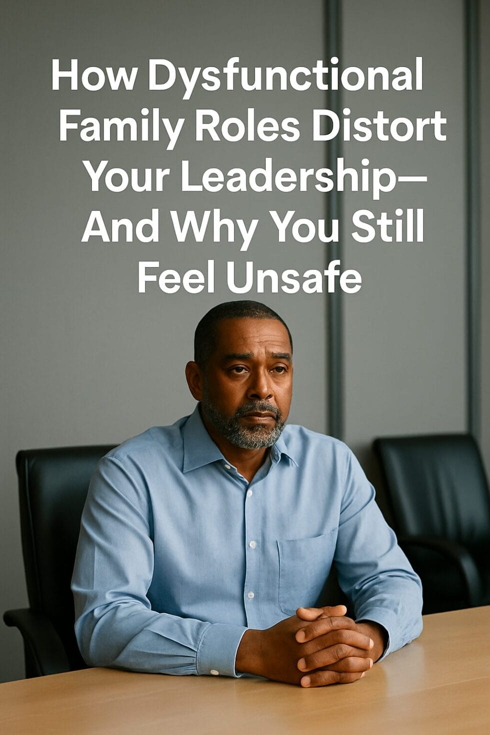Mid-40s Black man in a button-down shirt, seated with hands clasped, looking slightly off-camera—like he’s holding it together, but just barely.