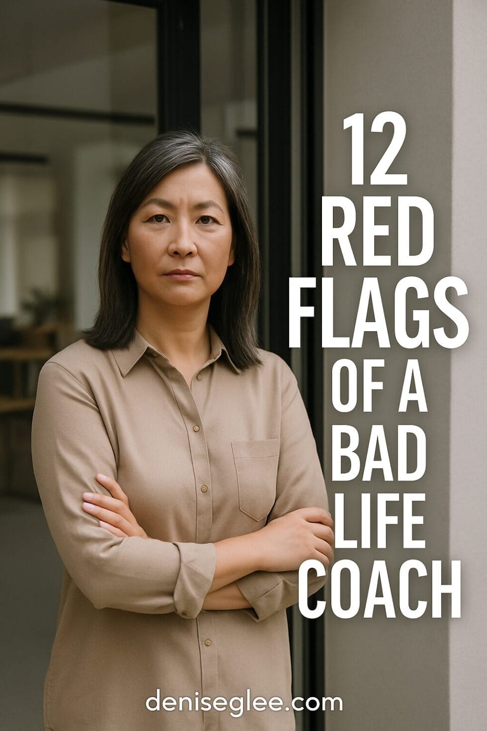 Asian woman standing outside office with skeptical expression and arms crossed