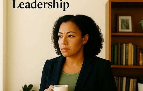 A contemplative Black woman stands by a window holding a mug, surrounded by books and family photos, with the title "How a Dysfunctional Family Shapes—and Sabotages—Your Leadership" overlaid and deniseglee.com at the bottom.