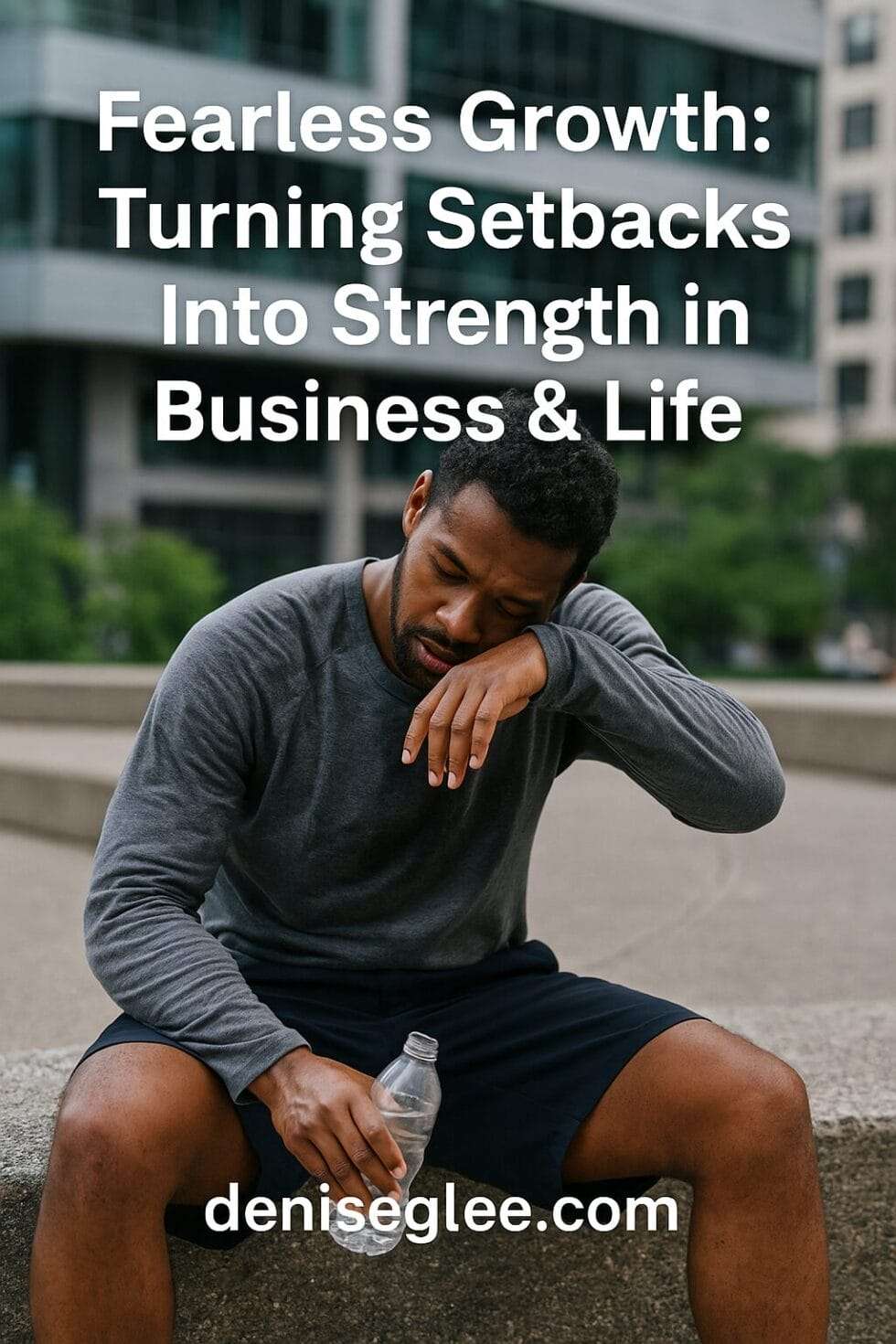 A man sits on an outdoor ledge, visibly exhausted but composed, holding a water bottle and wiping sweat from his brow. Overlaid text reads "Fearless Growth: Turning Setbacks Into Strength in Business & Life" with deniseglee.com at the bottom.
