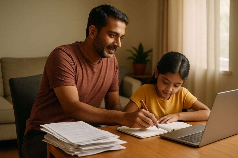 A middle-aged South Asian father helps his daughter with homework at home, choosing family time over unfinished work.