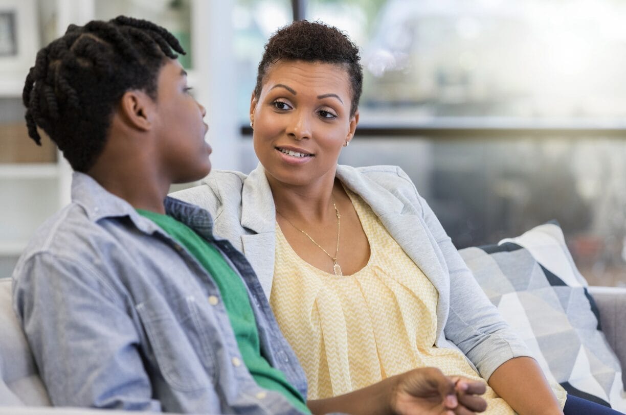 mom and son talking