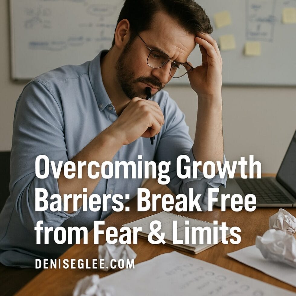 A man in his 30s sits at a cluttered desk with crumpled papers and notes, looking thoughtful and overwhelmed, with a whiteboard in the background and text overlay that reads "Overcoming Growth Barriers: Break Free from Fear & Limits" and "deniseglee.com" at the bottom.