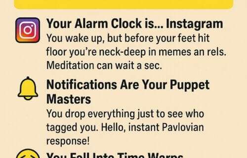A beige infographic titled “Are You in a Scroll Spiral?” highlighting common signs of social media addiction—like checking Instagram first thing in the morning, feeling controlled by notifications, and losing time to endless scrolling—ending with the encouragement: “Feeling seen? You’re not alone.” Includes deniseglee.com at the bottom.