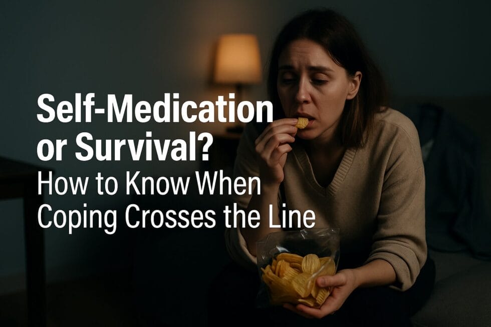A tired woman in work clothes sits in a dimly lit room, eating chips out of boredom and stress, with a distant expression on her face.