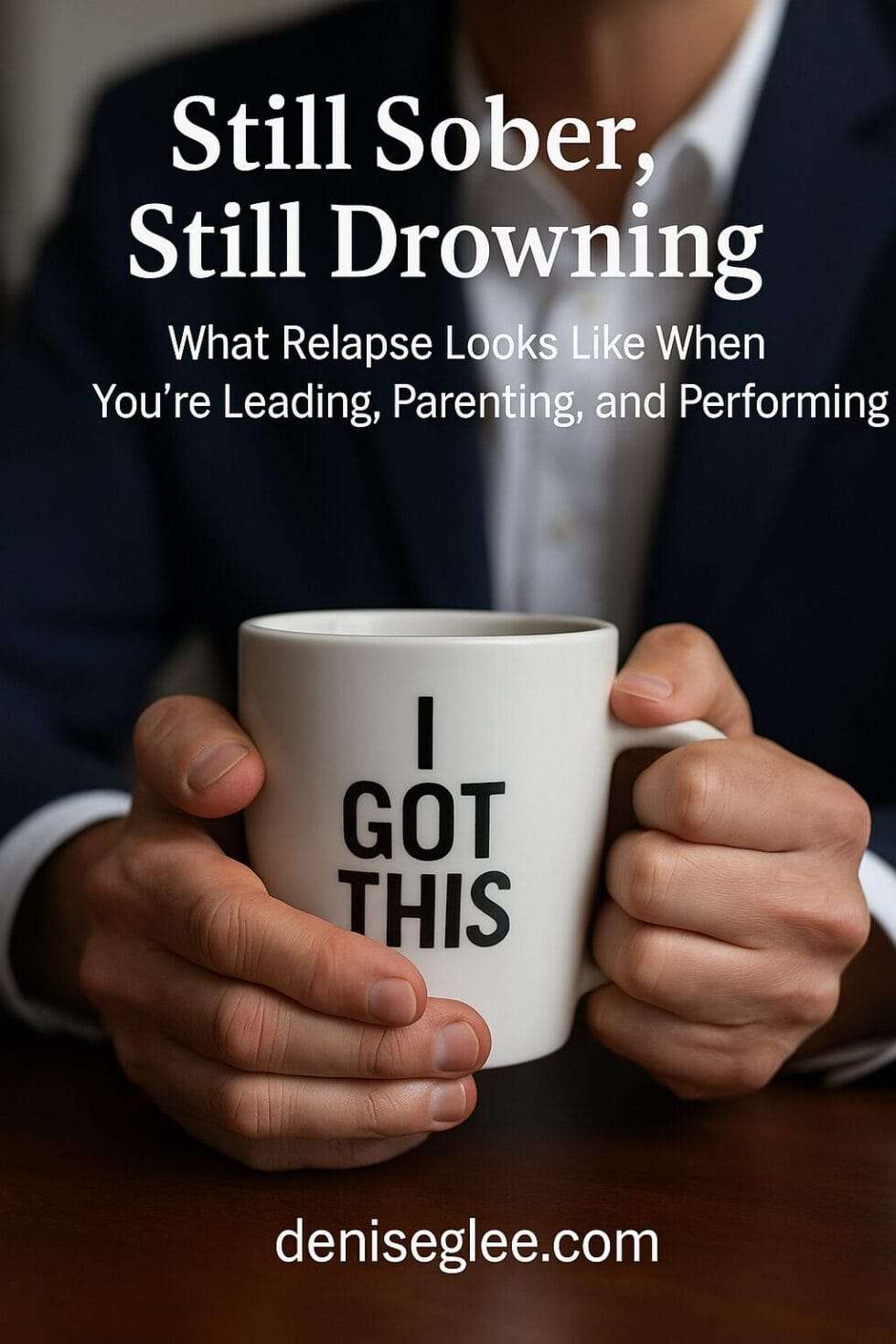 Close-up of tense hands gripping a white mug labeled “I GOT THIS,” with overlay text reading “Still Sober, Still Drowning: What Relapse Looks Like When You’re Leading, Parenting, and Performing,” and deniseglee.com at the bottom.