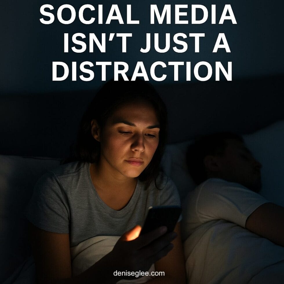 Woman scrolling on phone in bed at night while her partner sleeps beside her