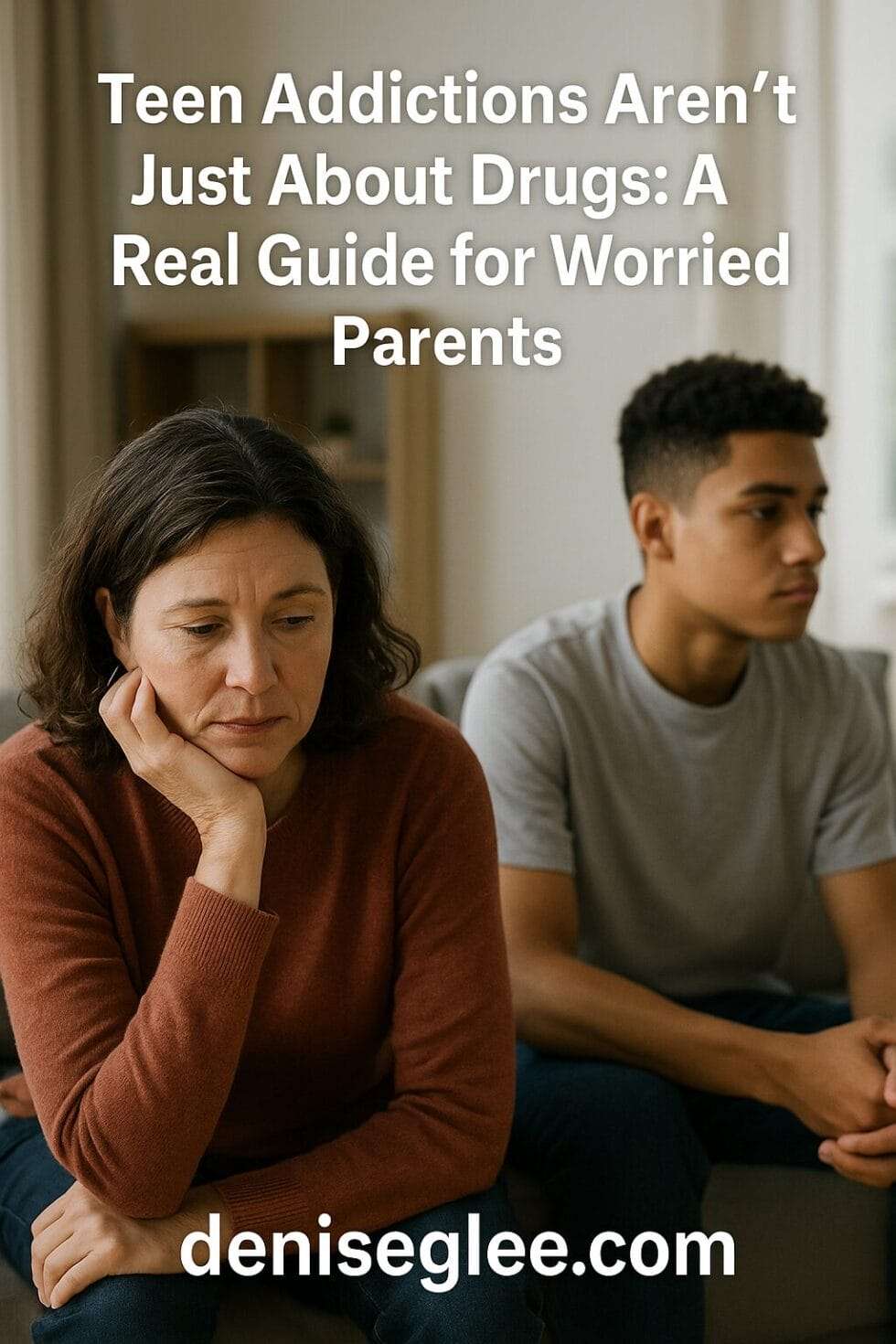 Concerned parent and withdrawn teen sitting apart on a couch, reflecting emotional distance